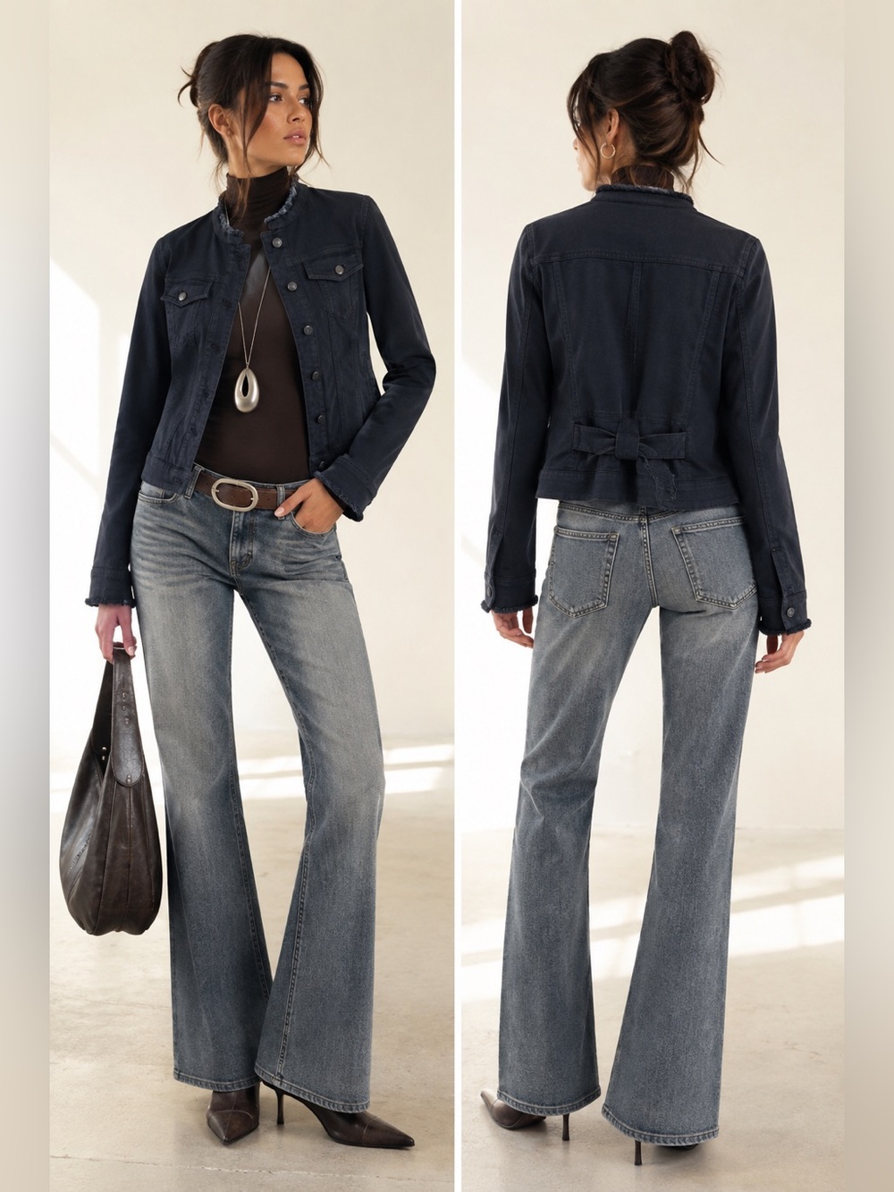 Marc Cain Designer Raw Trim Denim Jacket Back Bow Detail Sz 2 / Sz S US - Picture 1 of 16